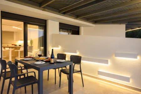  outdoor dining area at night